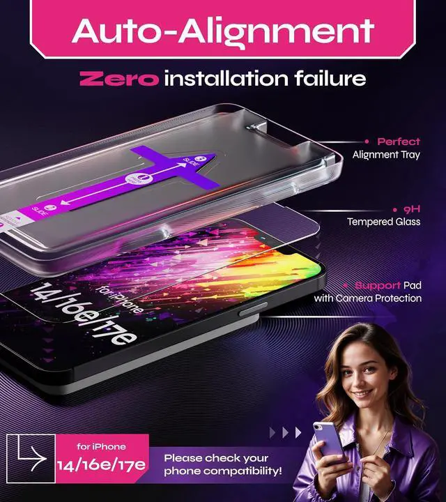 Alt view image 7 of 7 - Screen Protector for iPhone 14 / 16e / 17e (2Pack) Easy Auto-Align Install Kit 6.1 Tempered Glass 9H Hardness Ultra HD Clear Case Friendly EasyShield