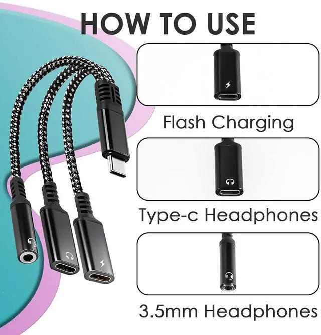 Alt view image 7 of 7 - 2 Pcs 3 in 1 Dual Type C Aux Splitter Charger USB C to 3.5mm Headphone and Charger Adapter Fits for iPhone 15/16 Pro/Max/Plus S22/S23/S24 Ultra Mate 40/30/20