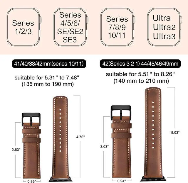 Alt view image 5 of 7 - Leather Bands Compatible with Watch Band 42mm(Series 3 2 1) 44mm 45mm 46mm 49mm for Men Women Top Grain Genuine Leather Replacement Strap for iWatch Ultra 3 2 1 SE3 2 1 Series 11 10 9 8 7 6 5 4 3 2 1