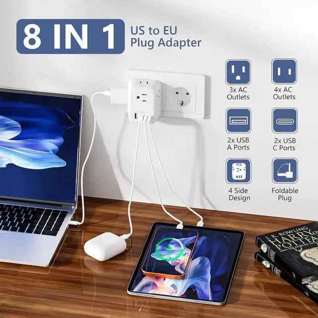 Alt view image 7 of 7 - 2 Pack European Travel Plug Adapter European Plug Adapter with 4 AC Outlets 4 USB Charging Ports (2 USB C) Foldable Power Plug Adapter Travel Essentials to Italy Spain France Europe
