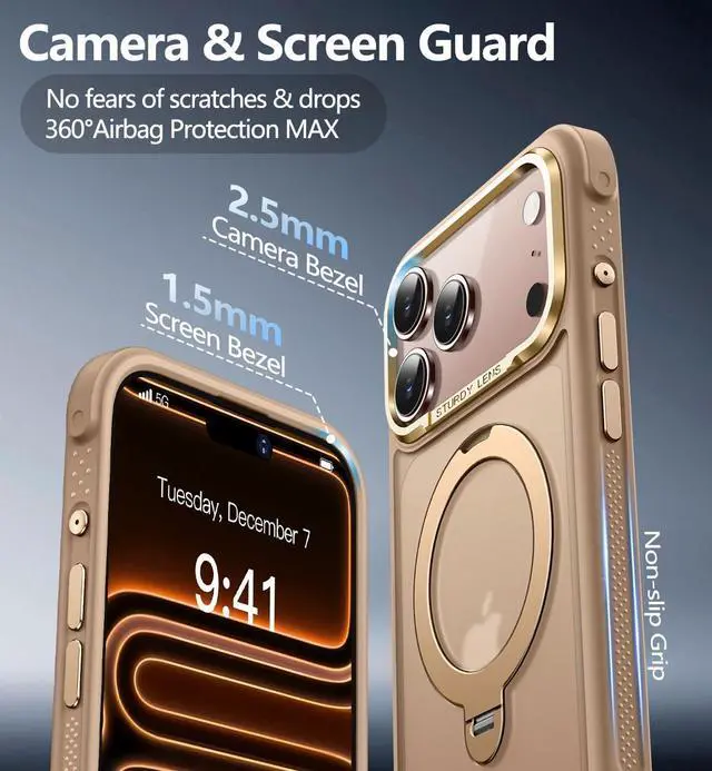 Alt view image 5 of 7 - Magnetic for iPhone 17 Pro Max Case Military Drop Protection Compatible with MagSafe Slim Translucent Matte Shockproof Protective Phone Case with 360° Spin Stand 6.9 Desert Gold