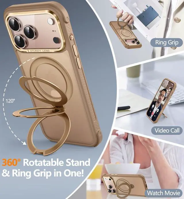 Alt view image 4 of 7 - Magnetic for iPhone 17 Pro Max Case Military Drop Protection Compatible with MagSafe Slim Translucent Matte Shockproof Protective Phone Case with 360° Spin Stand 6.9 Desert Gold