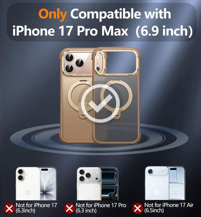 Alt view image 6 of 7 - Magnetic for iPhone 17 Pro Max Case Military Drop Protection Compatible with MagSafe Slim Translucent Matte Shockproof Protective Phone Case with 360° Spin Stand 6.9 Desert Gold