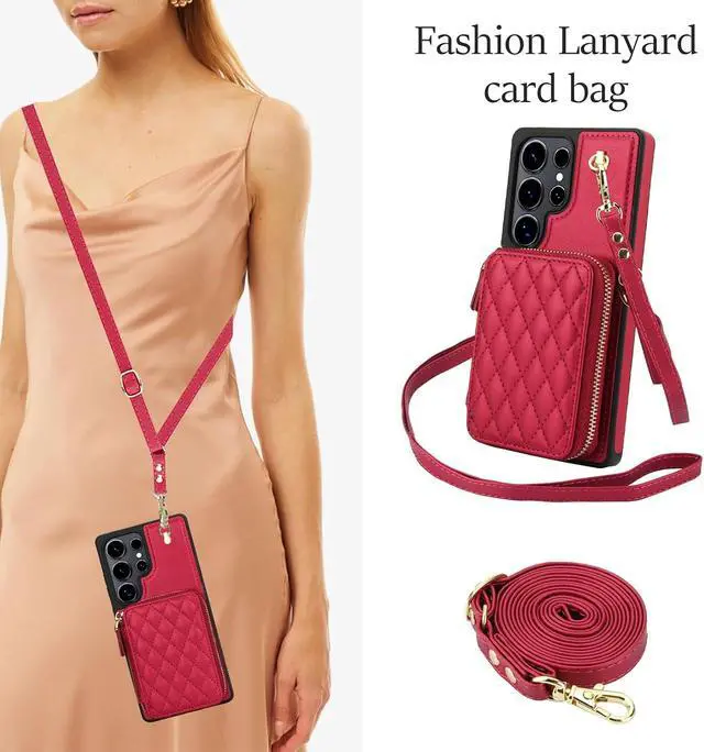 Alt view image 6 of 7 - Phone Case for Galaxy S24 Ultra 5G Wallet Cell Cover with Tempered Glass Screen Protector Wrist Crossbody Strap Stand RFID Blocking Credit Card Holder S24Ultra 24S S 24 24Ultra Women Girls Red