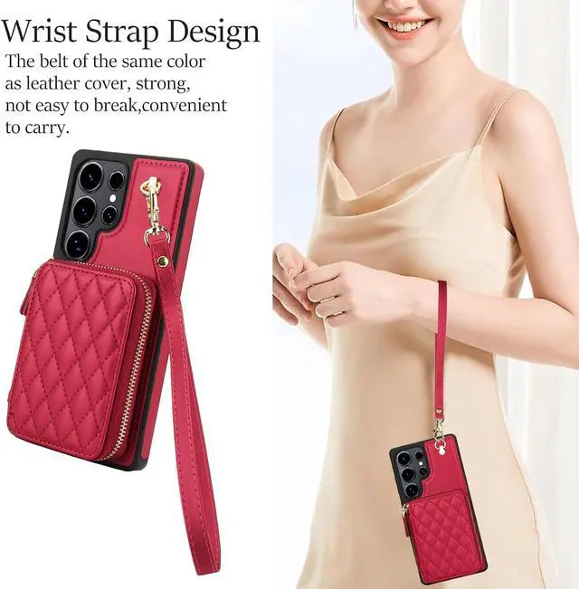 Alt view image 7 of 7 - Phone Case for Galaxy S24 Ultra 5G Wallet Cell Cover with Tempered Glass Screen Protector Wrist Crossbody Strap Stand RFID Blocking Credit Card Holder S24Ultra 24S S 24 24Ultra Women Girls Red