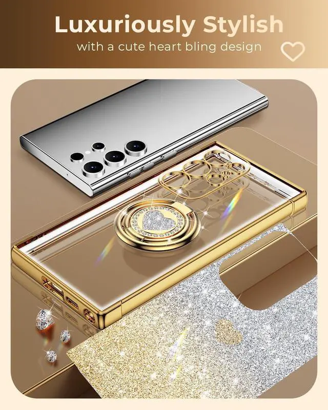 Alt view image 7 of 7 - for Galaxy S26 Ultra Case with Stand for Galaxy S26 Ultra Case with Double Ring Women Girls Bling Luxury Glitter Clear Phone Case Cover Heart for S26 Ultra Gold