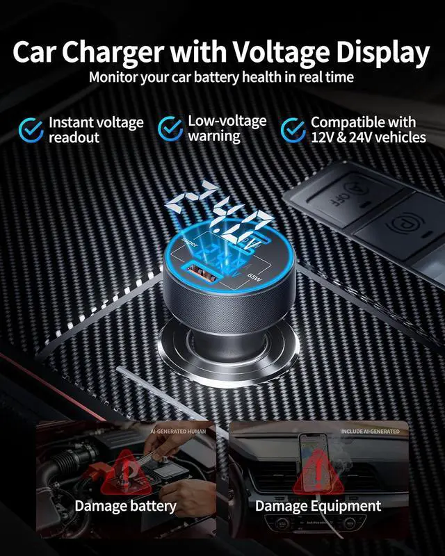 Alt view image 3 of 7 - Car Charger USB C 130W 3-Port Fast Charging with Voltage Display | Cigarette Lighter USB Charger Adapter 12-24V USB Outlet for iPhone 17 16 15 14 Galaxy iPad Android Ideal for Commute&Travel