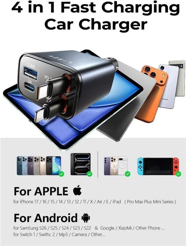 Alt view image 7 of 7 - Retractable Car Charger 84W Car Charger USB C Fast Charger Cigarette Lighter USB Charger Adapter Car Accessories Birthday Gifts for Men Women Dad Mom Husband for iPhone 17 16 15 14 13 12 11