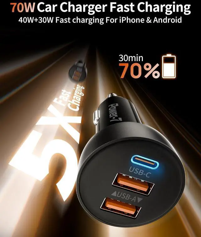 Alt view image 2 of 7 - USB C Car Charger 2 Pack 70W 3-Port PD/QC Fast Charging Cigarette Lighter USB Charger Car Phone Adapter Accessories for iPhone 17/Air/16/15/14/13/12 Pro Max iPad Pixel Galaxy S25/S24/S23 Android
