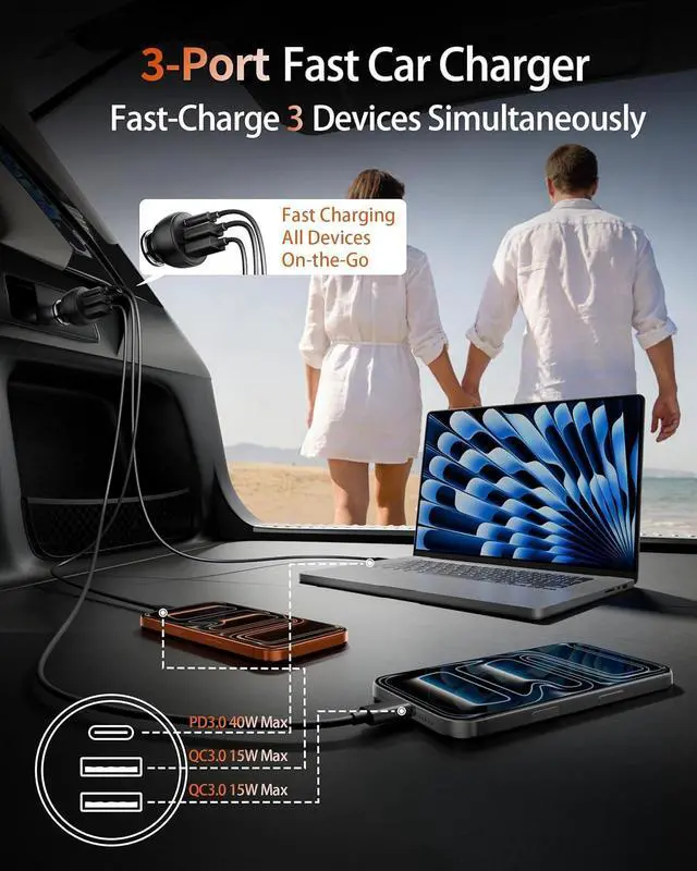Alt view image 3 of 7 - USB C Car Charger 2 Pack 70W 3-Port PD/QC Fast Charging Cigarette Lighter USB Charger Car Phone Adapter Accessories for iPhone 17/Air/16/15/14/13/12 Pro Max iPad Pixel Galaxy S25/S24/S23 Android