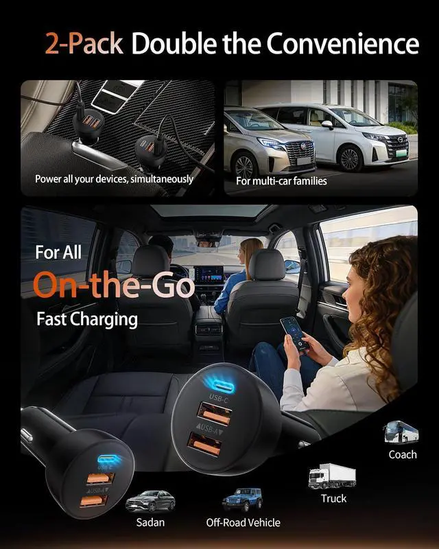 Alt view image 7 of 7 - USB C Car Charger 2 Pack 70W 3-Port PD/QC Fast Charging Cigarette Lighter USB Charger Car Phone Adapter Accessories for iPhone 17/Air/16/15/14/13/12 Pro Max iPad Pixel Galaxy S25/S24/S23 Android