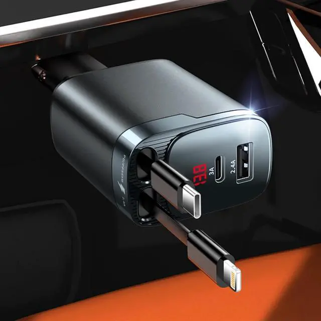 Main image of Retractable Car Charger 4 in 1 Car Charger USB C Fast Charge Cigarette Lighter USB Charger Travel Essentials Car Accessories Gifts for Men Women for iPhone 17 16 15 14 13 12 Pro Max