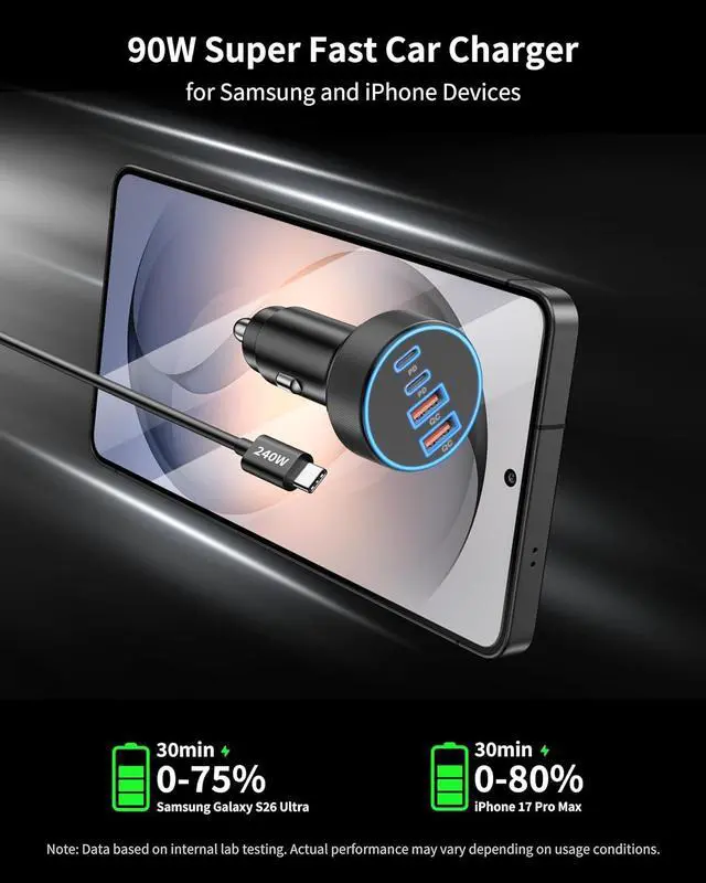 Alt view image 2 of 7 - 90W 4-Port Car Charger USB C Fast Charge with 240W Type C Cable for | USB-C Car Phone Charger Super Fast Charging Cigarette Lighter Adapter for Galaxy S26 S25 S24 S23 Ultra iPhone 17 16 Android