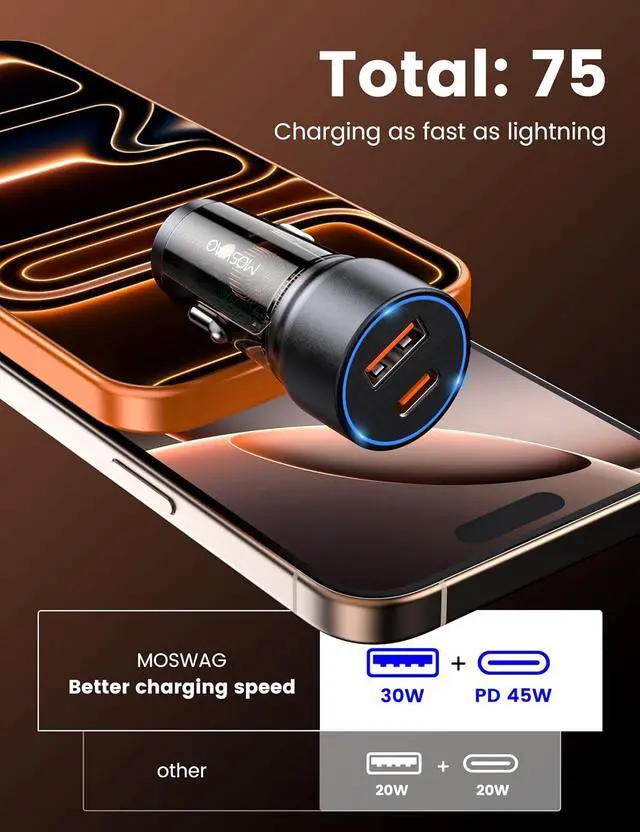 Alt view image 2 of 6 - USB C Car Charger 75W Mini Cigarette Lighter USB Charger | 45W PD&QC 3.0 USB C Fast Charge Mini Cigarette Lighter Adapter for iPhone 17 16 15 14 Pro Max S26 S25 Note Pixel iPad