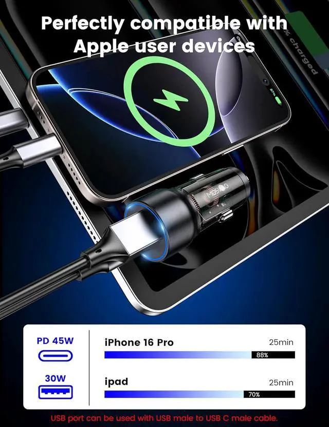Alt view image 3 of 6 - USB C Car Charger 75W Mini Cigarette Lighter USB Charger | 45W PD&QC 3.0 USB C Fast Charge Mini Cigarette Lighter Adapter for iPhone 17 16 15 14 Pro Max S26 S25 Note Pixel iPad