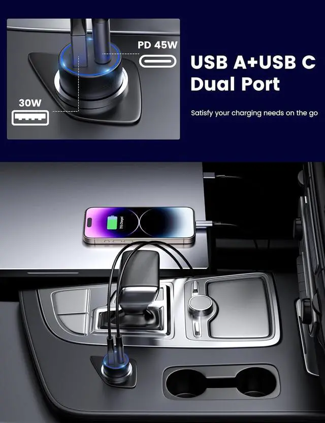 Alt view image 6 of 6 - USB C Car Charger 75W Mini Cigarette Lighter USB Charger | 45W PD&QC 3.0 USB C Fast Charge Mini Cigarette Lighter Adapter for iPhone 17 16 15 14 Pro Max S26 S25 Note Pixel iPad