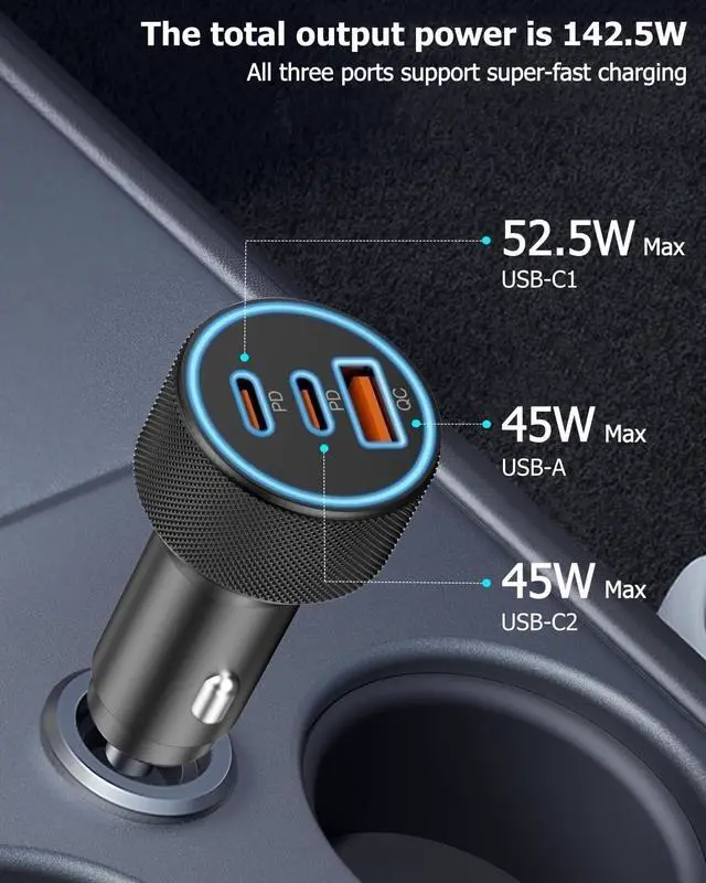 Alt view image 2 of 7 - 142.5W Car Charger Super Fast Charging Cigarette Lighter USB Phone Accessories Charger Adapter with QC USB c Type c PD Universal Quick Charge Multi 3 Port for 12-24v Car Cigarette Lighter Plug