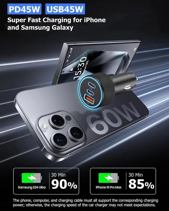 Alt view image 4 of 7 - 142.5W Car Charger Super Fast Charging Cigarette Lighter USB Phone Accessories Charger Adapter with QC USB c Type c PD Universal Quick Charge Multi 3 Port for 12-24v Car Cigarette Lighter Plug