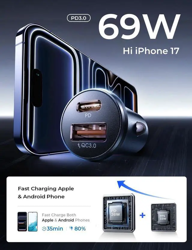 Alt view image 3 of 7 - Car Charger USB C 69W Cigarette Lighter USB Charger Adapter Car Accessories Gifts for Men Mini USBC Cars Fast Charging Adapter USBC Type C 12V Plug Outlet for iPhone 17 Pro Max 16 15 14 13