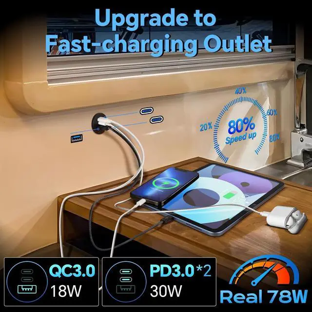 Alt view image 3 of 7 - Acegoo 78W 12V USB Outlet Dual 30W PD3.0 Type-C & 18W QC3.0 Aluminum Car Charger Socket Multi Port Fast Charging Replacement Socket Accessories for RV Camper Trailer Truck Boat (2 Pcs)