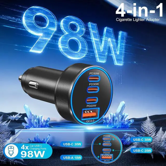 Alt view image 2 of 7 - Car Charger USB C 98W Multiport Fast Car Phone Cigarette Lighter USB Charger 12-24V USB Outlet Car Adapter Plug for iPhone 17/16/15 Pro Max Galaxy S26/S25/S24 Ultra Tablet Android(Black)