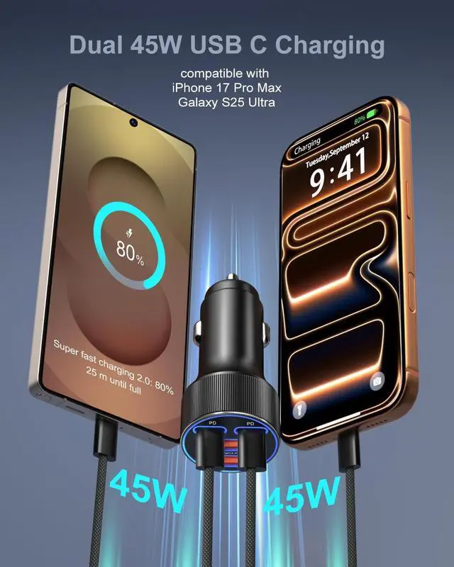 Alt view image 3 of 7 - Super Fast Type C Car Charger Dual 45W USB C 4-Port Cigarette Lighter Adapter Compatible with Galaxy S26 S25 Ultra FE S24 S22 iPhone 17 16 15 Pro Max with 6ft Braided USB C to C Cable