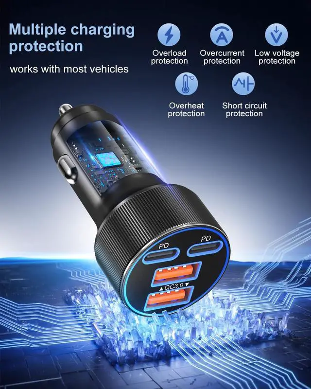 Alt view image 6 of 7 - Super Fast Type C Car Charger Dual 45W USB C 4-Port Cigarette Lighter Adapter Compatible with Galaxy S26 S25 Ultra FE S24 S22 iPhone 17 16 15 Pro Max with 6ft Braided USB C to C Cable