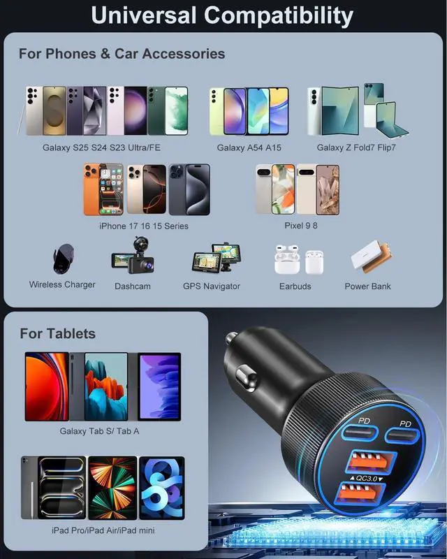Alt view image 7 of 7 - Super Fast Type C Car Charger Dual 45W USB C 4-Port Cigarette Lighter Adapter Compatible with Galaxy S26 S25 Ultra FE S24 S22 iPhone 17 16 15 Pro Max with 6ft Braided USB C to C Cable