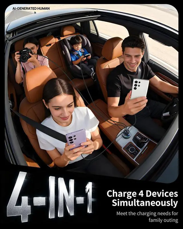 Alt view image 3 of 7 - Car Charger USB C 4-Port 90W Super Fast Charging Car Phone Charger Accessories Dual USB-C & USB-A Cargador Carro Cigarette Lighter Adapter for iPhone 17 16 15 14 13 12 iPad Galaxy Tablet Android