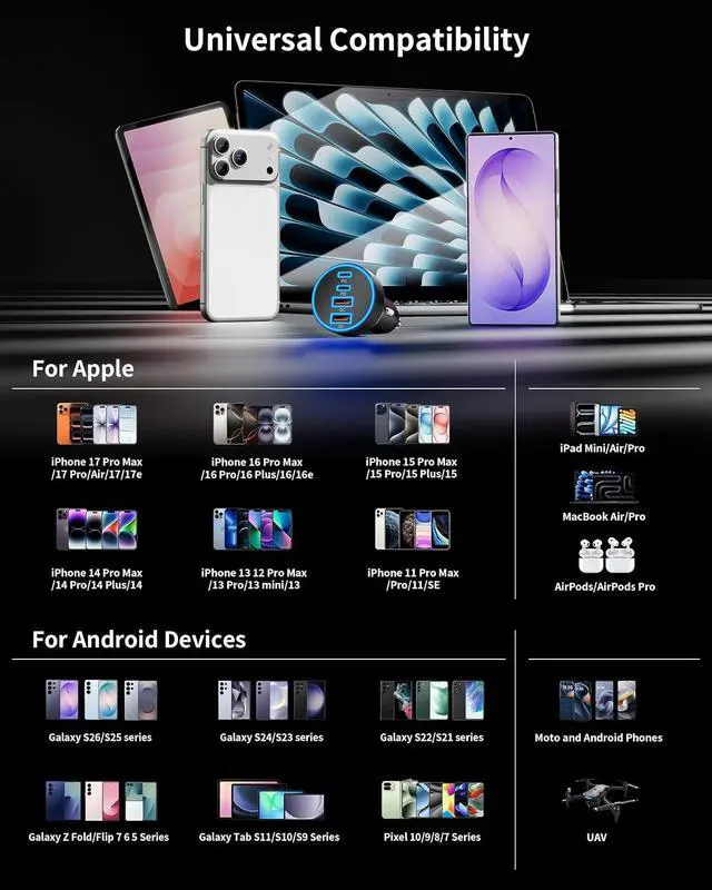 Alt view image 5 of 7 - Car Charger USB C 4-Port 90W Super Fast Charging Car Phone Charger Accessories Dual USB-C & USB-A Cargador Carro Cigarette Lighter Adapter for iPhone 17 16 15 14 13 12 iPad Galaxy Tablet Android