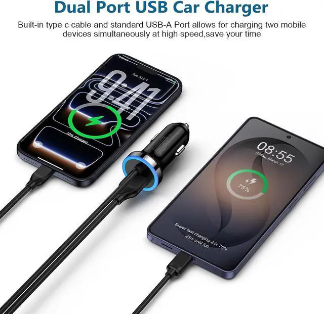 Alt view image 4 of 7 - USB C Car Charger 3.4A Fast Charging Car Adapter+3ft Type C Cable for Galaxy S26 S25 S24 S23 S22 S21 S20 S10 Note 20 A10E A20 A50 A51 A71 LG Stylo 6/5 G7 V60 ThinQ Moto G8 Google Pixel 4 3a