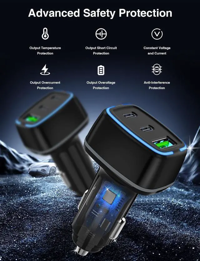 Alt view image 3 of 7 - 75W USB C Car Charger 3-Port Super Fast Charging PD 3.0 & QC 3.0 Cigarette Lighter Adapter for iPhone 17/16/15 Pro Max Galaxy S26/S25/S24 Ultra with 4Pack 3FT+6.6FT Type C Cable