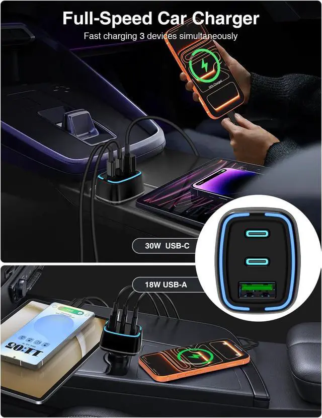Alt view image 4 of 7 - 75W USB C Car Charger 3-Port Super Fast Charging PD 3.0 & QC 3.0 Cigarette Lighter Adapter for iPhone 17/16/15 Pro Max Galaxy S26/S25/S24 Ultra with 4Pack 3FT+6.6FT Type C Cable