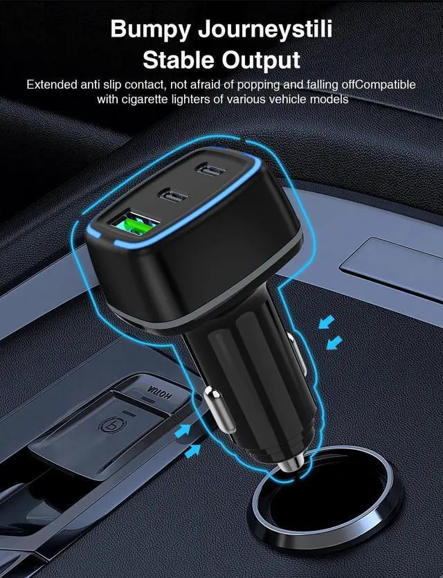 Alt view image 6 of 7 - 75W USB C Car Charger 3-Port Super Fast Charging PD 3.0 & QC 3.0 Cigarette Lighter Adapter for iPhone 17/16/15 Pro Max Galaxy S26/S25/S24 Ultra with 4Pack 3FT+6.6FT Type C Cable