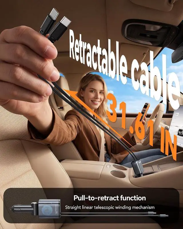 Alt view image 2 of 7 - Retractable Car Charger Car Phone Charger USB C Fast Charge Cigarette Lighter USB Charger Car Accessories for Women Road Trip Essentials Gift for Men Car Charger for iPhone 17/16/15 Galaxy S26 Pixel