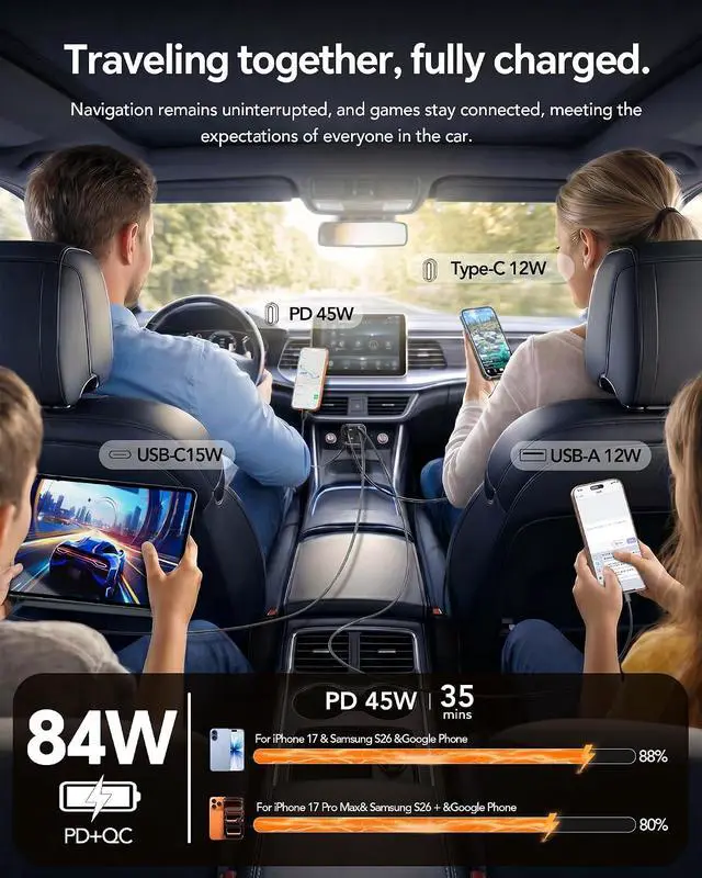 Alt view image 3 of 7 - Retractable Car Charger Car Phone Charger USB C Fast Charge Cigarette Lighter USB Charger Car Accessories for Women Road Trip Essentials Gift for Men Car Charger for iPhone 17/16/15 Galaxy S26 Pixel