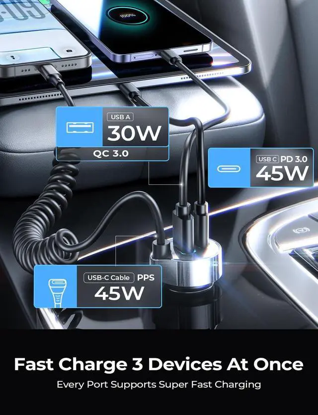 Alt view image 3 of 7 - 90W for iPhone 17 16 15 Pro Max Car Charger USB C Fast Charge Super Fast for iPhone 17 16 Car Charger USB C Adapter for iPhone 17e 16 15 Pro Max Plus Air Galaxy S26 Ultra Android