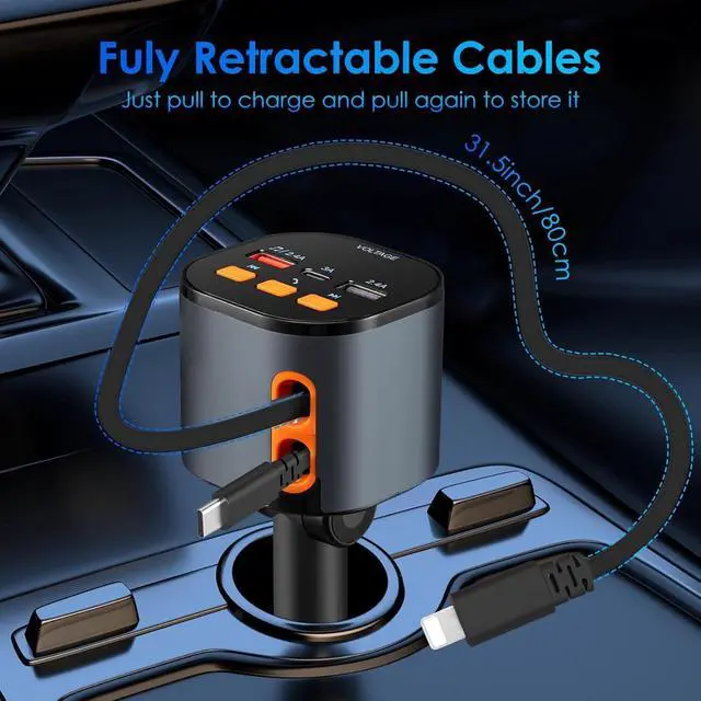 Alt view image 3 of 7 - Retractable Car Charger 5 in 1 Fast Cars Phone Charger 90W Bluetooth 5.3 FM Transmitter Adapter Handsfree Call 2 Retractable Cables and USB Chargers for iPhone17/16 15/14/13