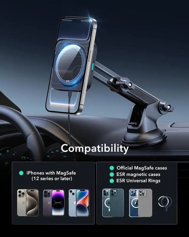 Alt view image 5 of 7 - for 15W MagSafe Car Mount Charger for MagSafe Car Charger Suction Cup Magnetic Wireless Car Charging Dashboard Car Phone Mount for iPhone 17e/17/16/15/14/13/12 S26/S25 Pixel 10 Fast Charging