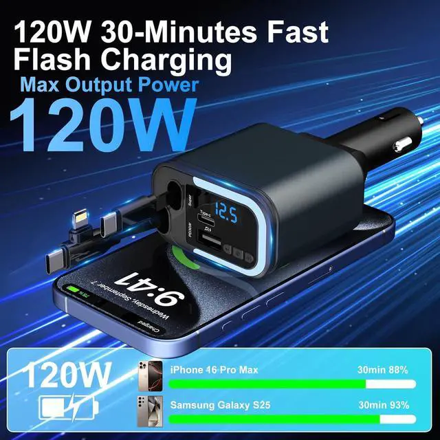 Alt view image 2 of 7 - 5-in-1 120W 30-Minutes Fast Flash Charging Retractable Car Charger Wireless Bluetooth FM Transmitter Type-C+USB-A Car Charger Adapter Compatible with iPhone 17/16/15/14/13 Pro Max & Android Devices