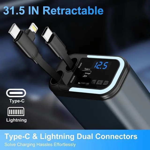Alt view image 3 of 7 - 5-in-1 120W 30-Minutes Fast Flash Charging Retractable Car Charger Wireless Bluetooth FM Transmitter Type-C+USB-A Car Charger Adapter Compatible with iPhone 17/16/15/14/13 Pro Max & Android Devices