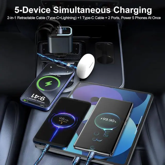 Alt view image 4 of 7 - 5-in-1 120W 30-Minutes Fast Flash Charging Retractable Car Charger Wireless Bluetooth FM Transmitter Type-C+USB-A Car Charger Adapter Compatible with iPhone 17/16/15/14/13 Pro Max & Android Devices