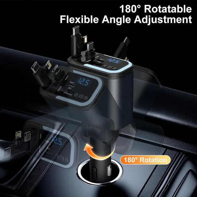 Alt view image 5 of 7 - 5-in-1 120W 30-Minutes Fast Flash Charging Retractable Car Charger Wireless Bluetooth FM Transmitter Type-C+USB-A Car Charger Adapter Compatible with iPhone 17/16/15/14/13 Pro Max & Android Devices