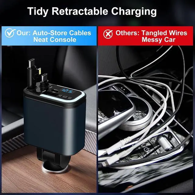 Alt view image 6 of 7 - 5-in-1 120W 30-Minutes Fast Flash Charging Retractable Car Charger Wireless Bluetooth FM Transmitter Type-C+USB-A Car Charger Adapter Compatible with iPhone 17/16/15/14/13 Pro Max & Android Devices