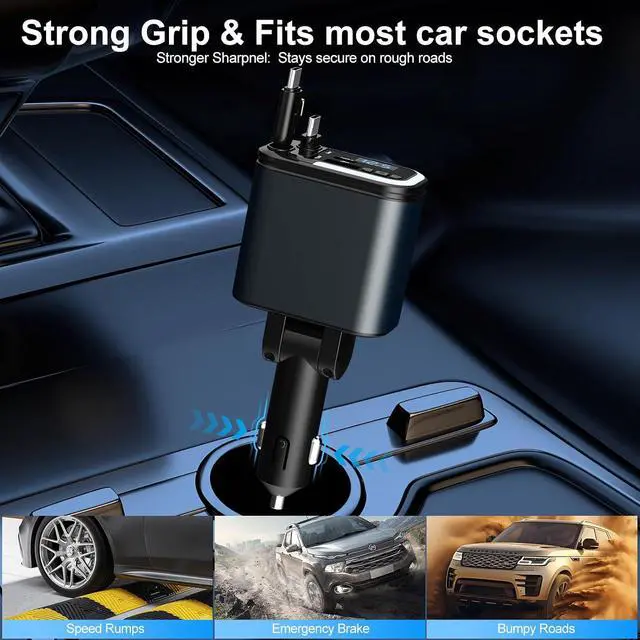 Alt view image 7 of 7 - 5-in-1 120W 30-Minutes Fast Flash Charging Retractable Car Charger Wireless Bluetooth FM Transmitter Type-C+USB-A Car Charger Adapter Compatible with iPhone 17/16/15/14/13 Pro Max & Android Devices