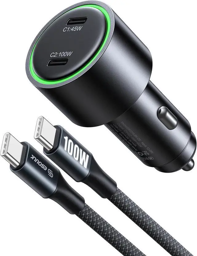 Main image of 145W USB C Car Charger Dual Port Cigarette Lighter Phone Charger | 145W fast dual USB-C car charger includes 6ft 100W braided USB-C cable charges 2 phones tablets or laptops.