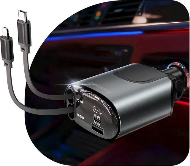 Main image of Retractable Car Charger 100W Car Phone Charger with Cables Fast Charging Cigarette Lighter USB Charger for iPhone 17 16 15 14 13 12 11 Pixel Travel Essentials Car Accessories Gifts for Him Her