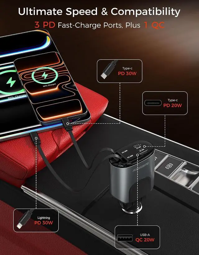 Alt view image 2 of 7 - Retractable Car Charger 100W Car Phone Charger with Cables Fast Charging Cigarette Lighter USB Charger for iPhone 17 16 15 14 13 12 11 Pixel Travel Essentials Car Accessories Gifts for Him Her