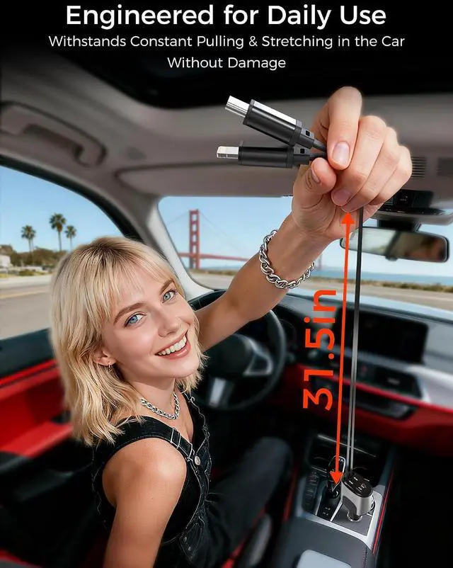Alt view image 5 of 7 - Retractable Car Charger 100W Car Phone Charger with Cables Fast Charging Cigarette Lighter USB Charger for iPhone 17 16 15 14 13 12 11 Pixel Travel Essentials Car Accessories Gifts for Him Her