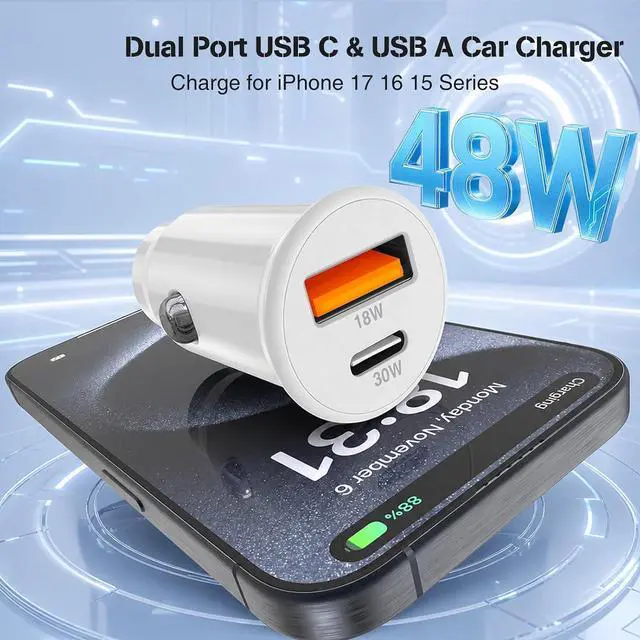 Alt view image 2 of 7 - 48W USB C Car Charger for iPhone 17 16 15 Pro Max 48W Dual Port USB-C & USB-A Car Fast Charging Adapter 2X3FT C to C Cable & A to C Carplay Cable for iPhone 17 16 15 Series/iPhone Air iPad